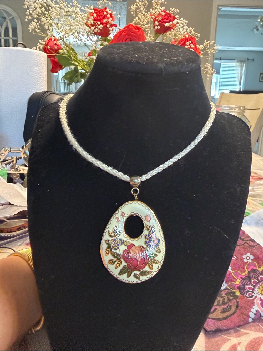Floral Enamel Pendant Necklace in Cream and Pink - Women's Jewelry